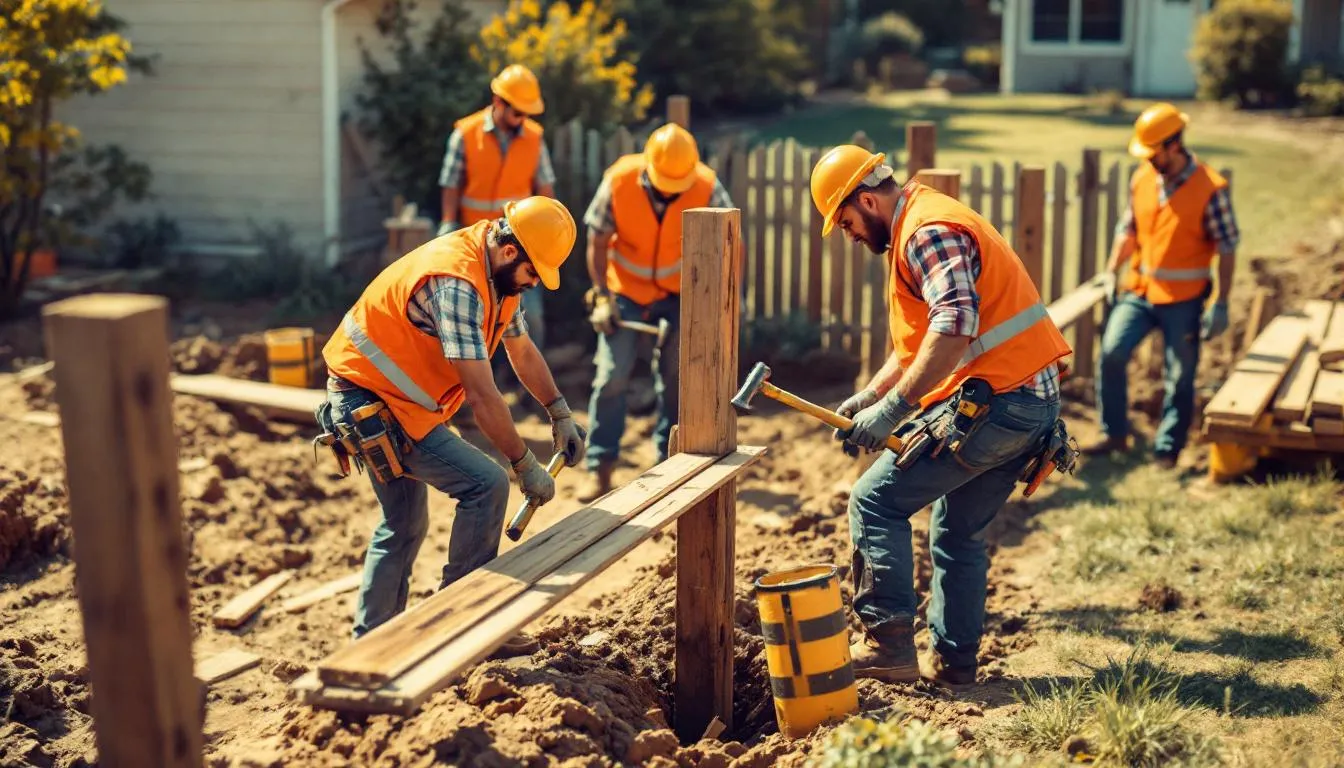 A team of installers working on a fence installation day.
