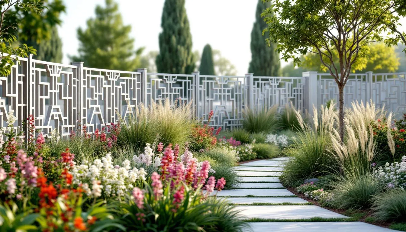 Elegant ornamental metal fence surrounding a lush garden.