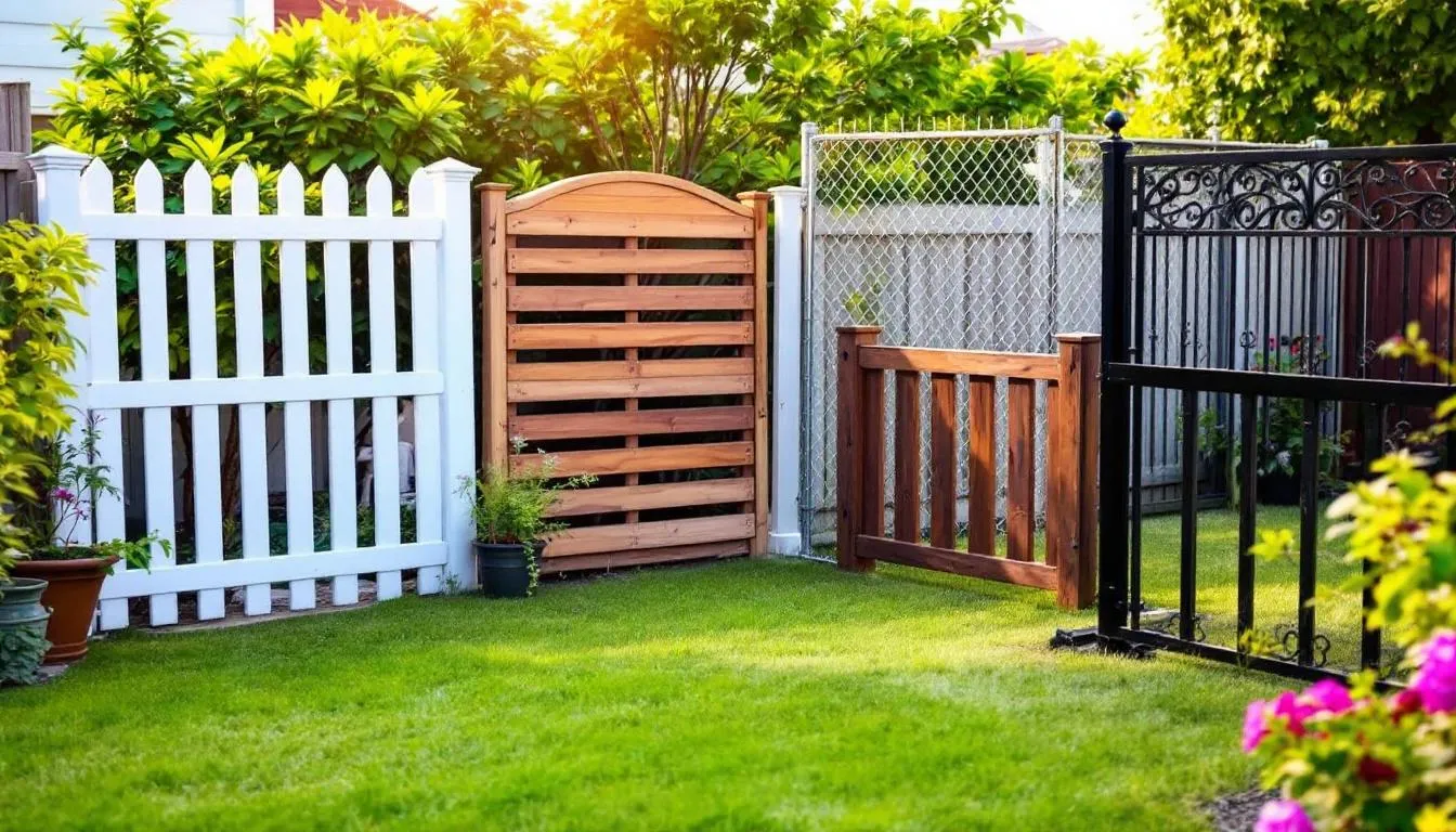 Different types of fences displayed in a backyard setting.