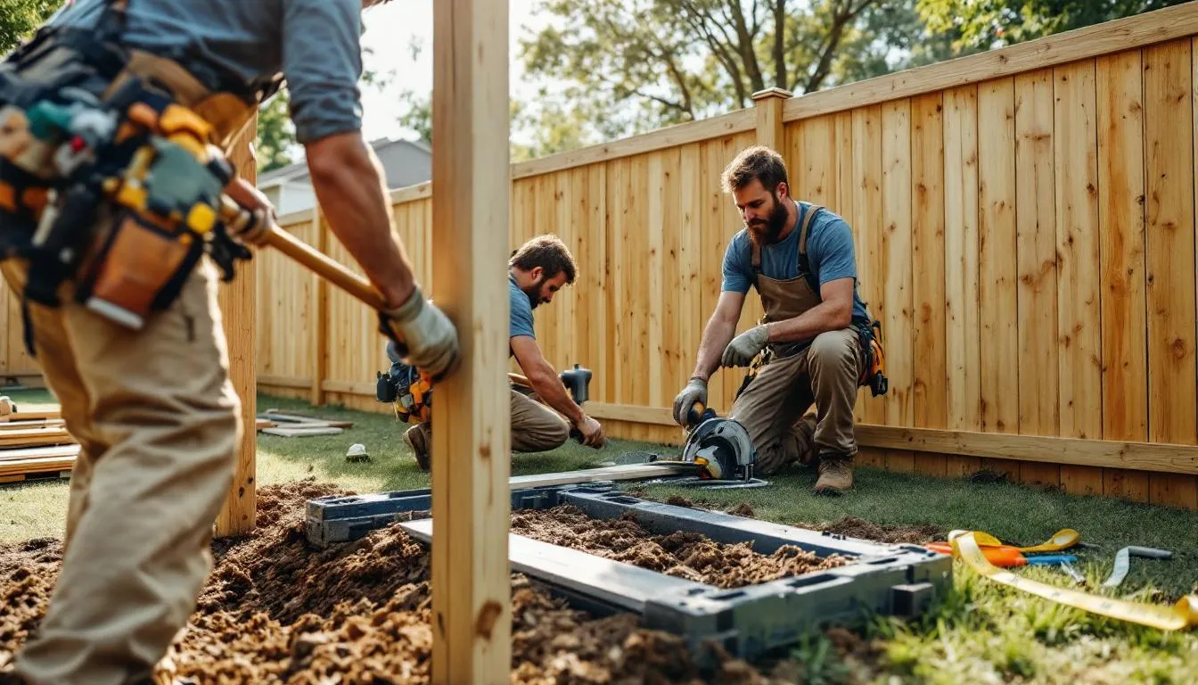 A professional fence installation crew at work.
