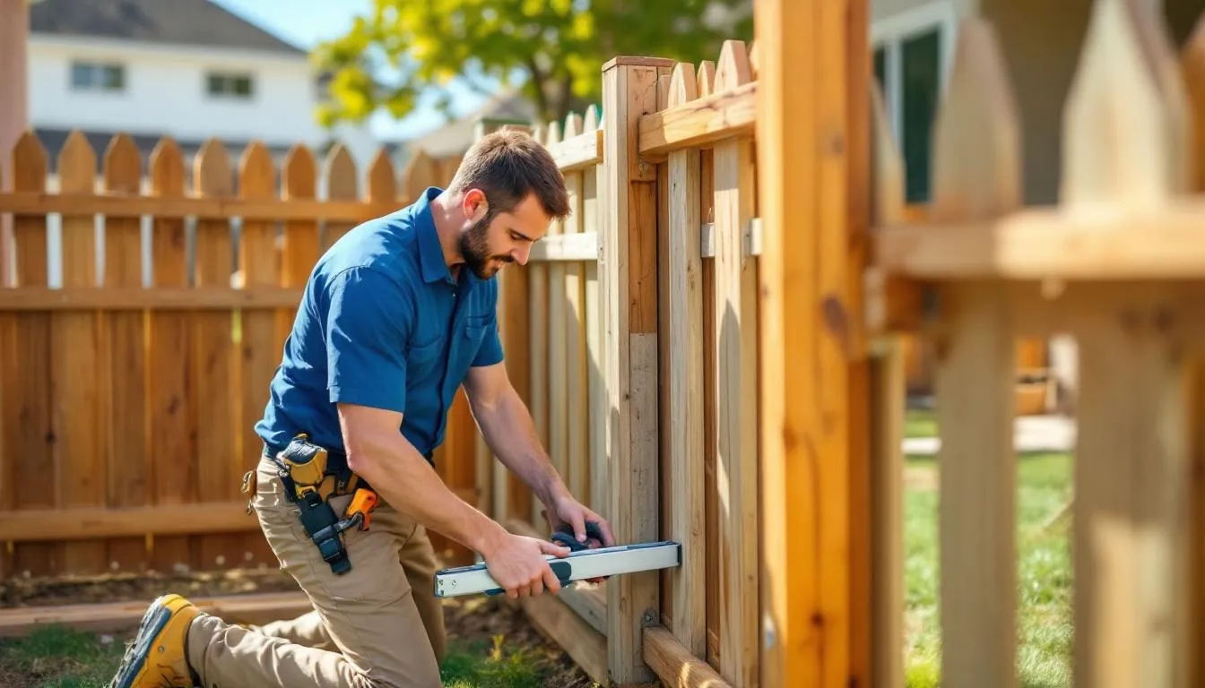 A professional fence installer working on a fence installation near me.