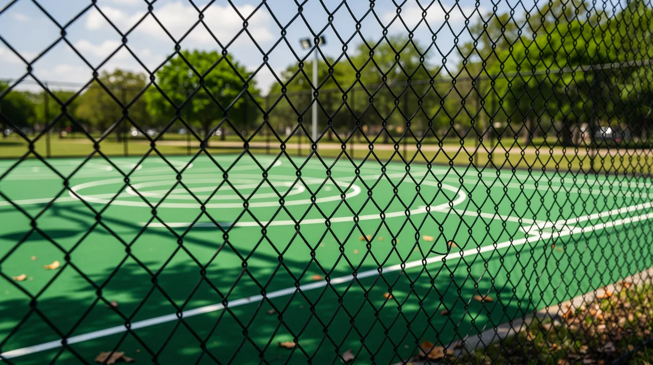 A black chain link fence surrounds a green sports court, providing a secure perimeter with its durable galvanized steel construction. The fence features fence posts and tension bands, ensuring a straight forward installation while offering visibility and low maintenance for the sports field.