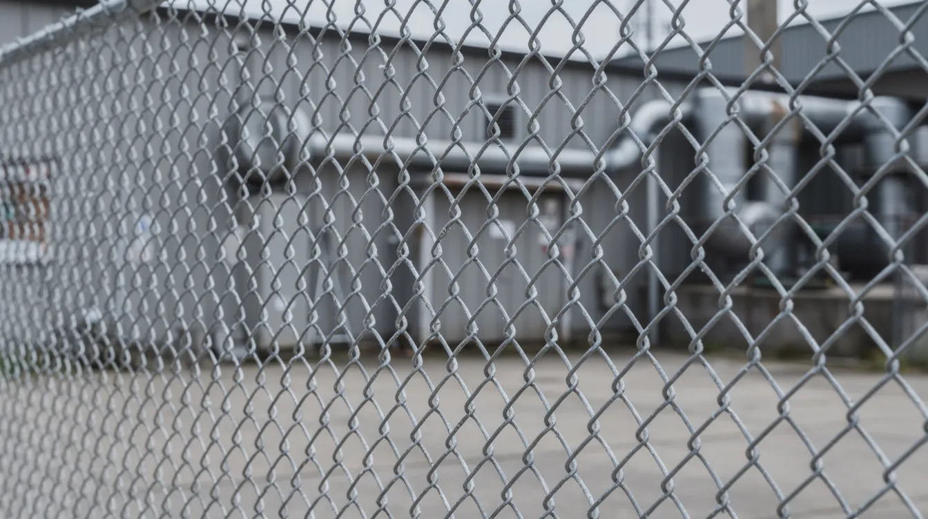 The image shows a close-up view of a galvanized mini mesh chain link fence surrounding an industrial property, highlighting its small mesh openings and durable heavy-duty wire construction. This high security mini mesh fence system serves as an impenetrable barrier, ensuring safety for the property and preventing access to unwanted animals or intruders.