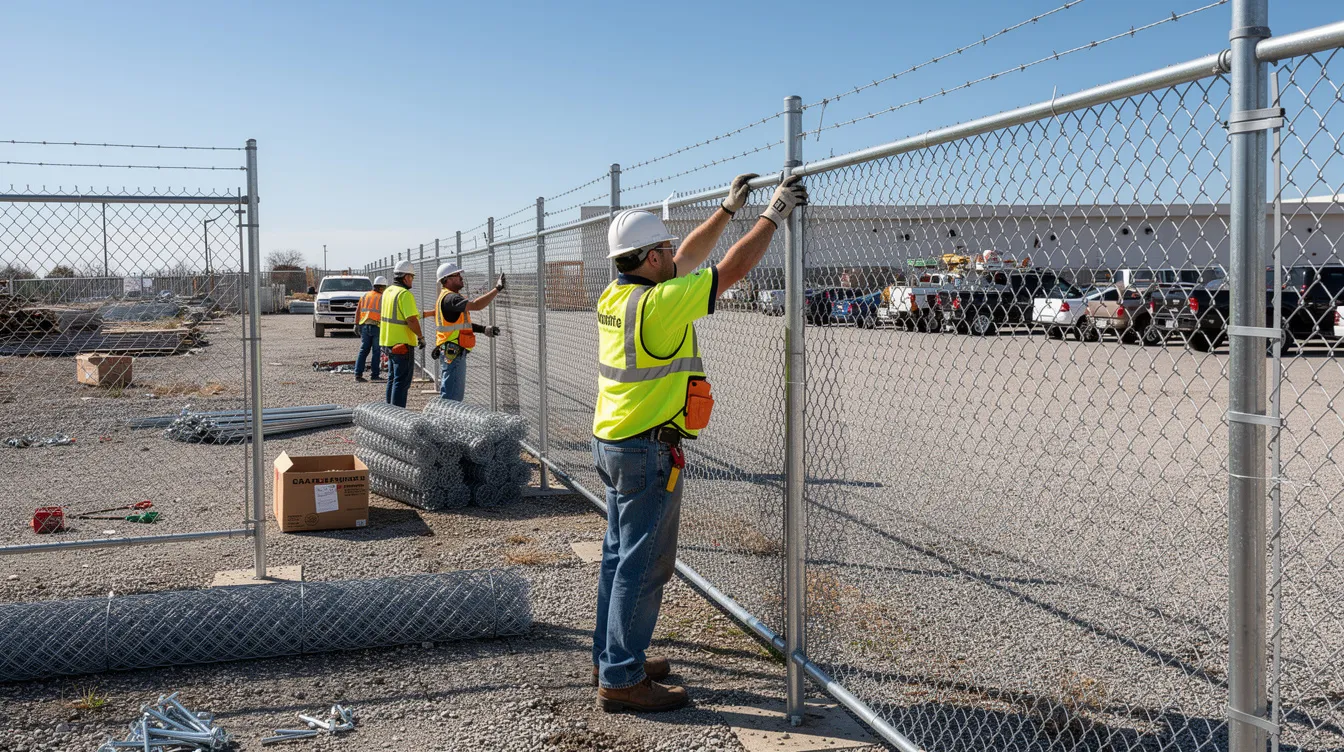 The image shows workers installing chain link fabric along metal fence posts at an outdoor commercial site, creating a durable mini mesh chain link fence. This high security mini mesh system is designed to keep unwanted animals out while ensuring pedestrian safety.